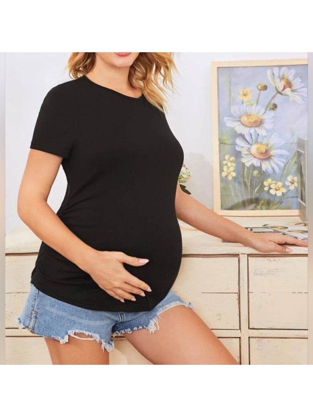 SHEIN Maternity Ruched Detail Form Black Fitted Tee Medium - New Without Tags